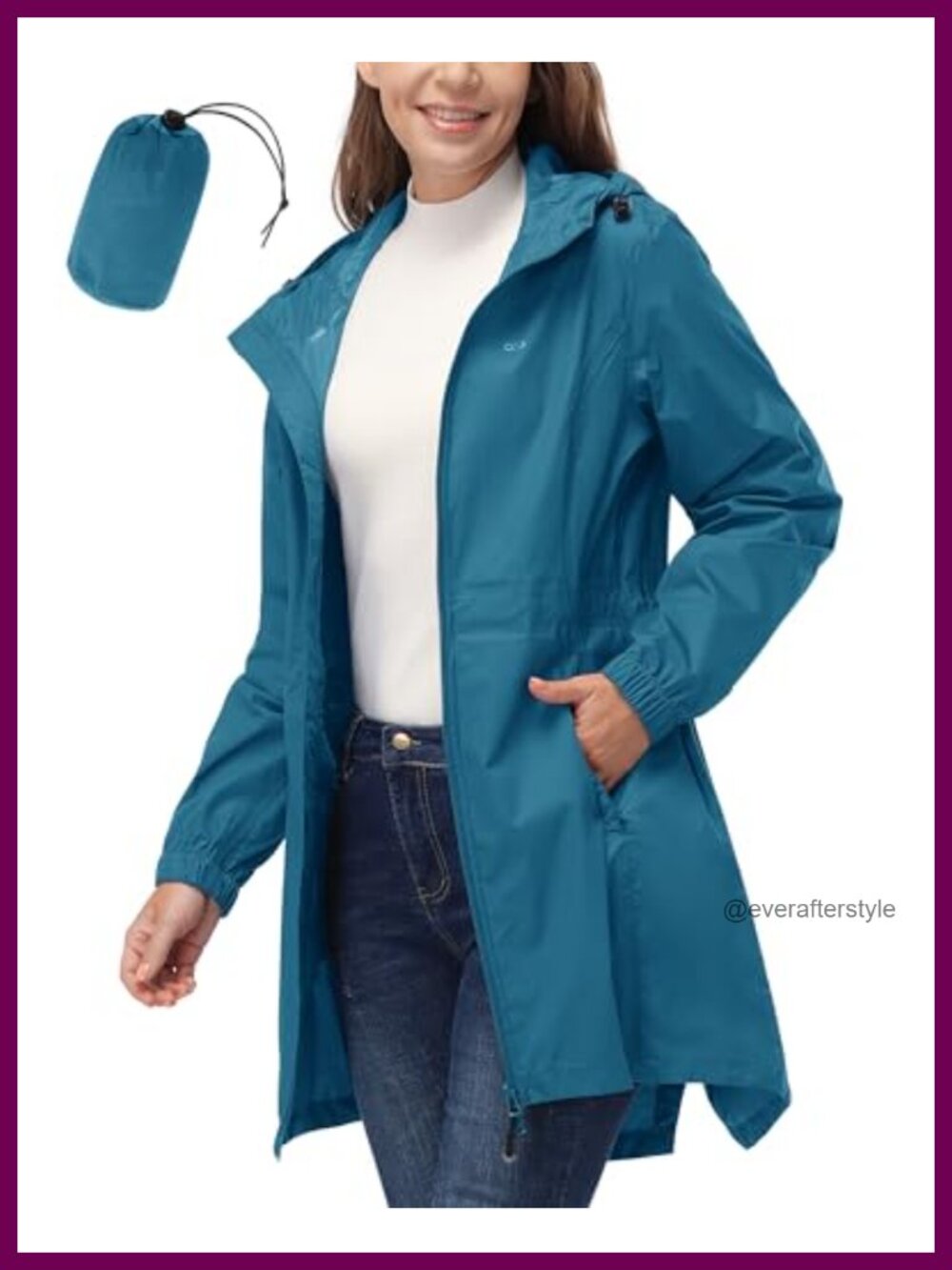 Women's Waterproof Packable Long Rain Jacket with Hood